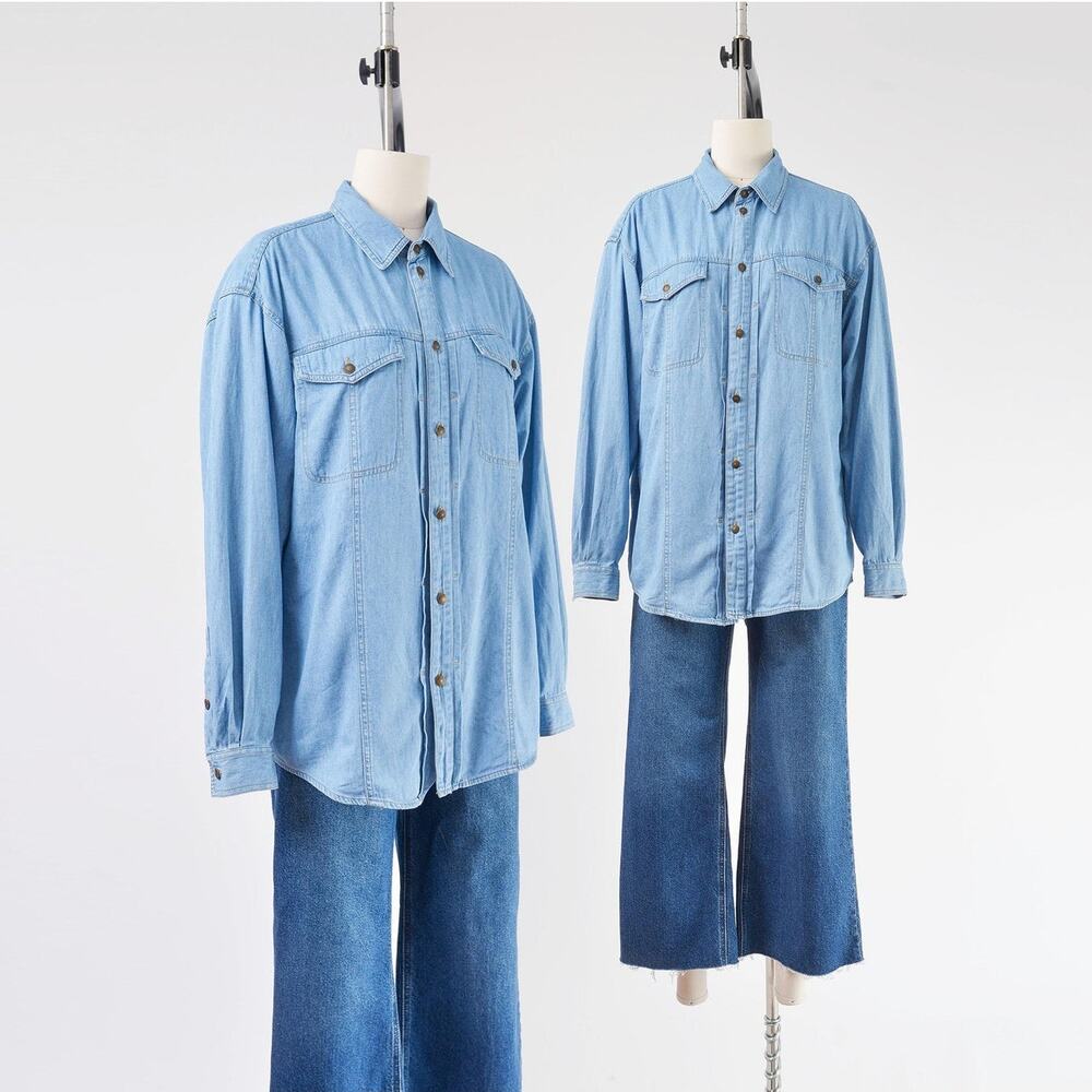 Vintage 90s Chambray Denim Shirt Minimalist Cotton Button Down Casual Blouse M